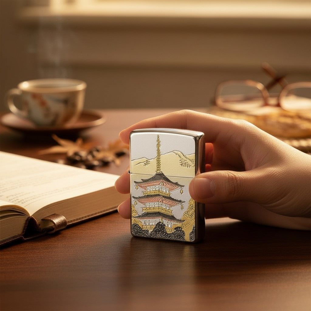 Three-Tier Pagoda ZIPPO Windproof Lighter – Japanese Temple Relief 三重塔和柄 ZIPPO 防風打火機|日本古塔浮雕款
