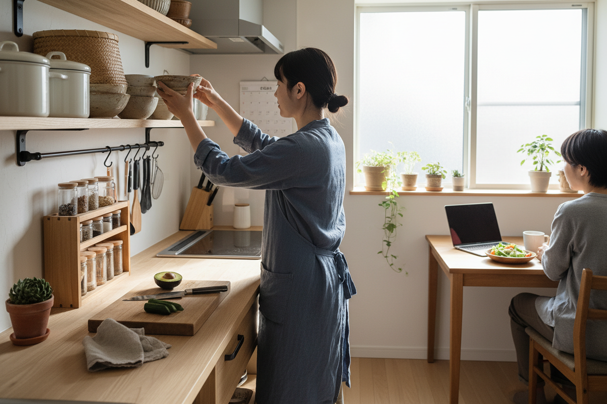 ナチュラルなキッチン棚に陶器皿とステンレス調理器具が整然と配置された様子