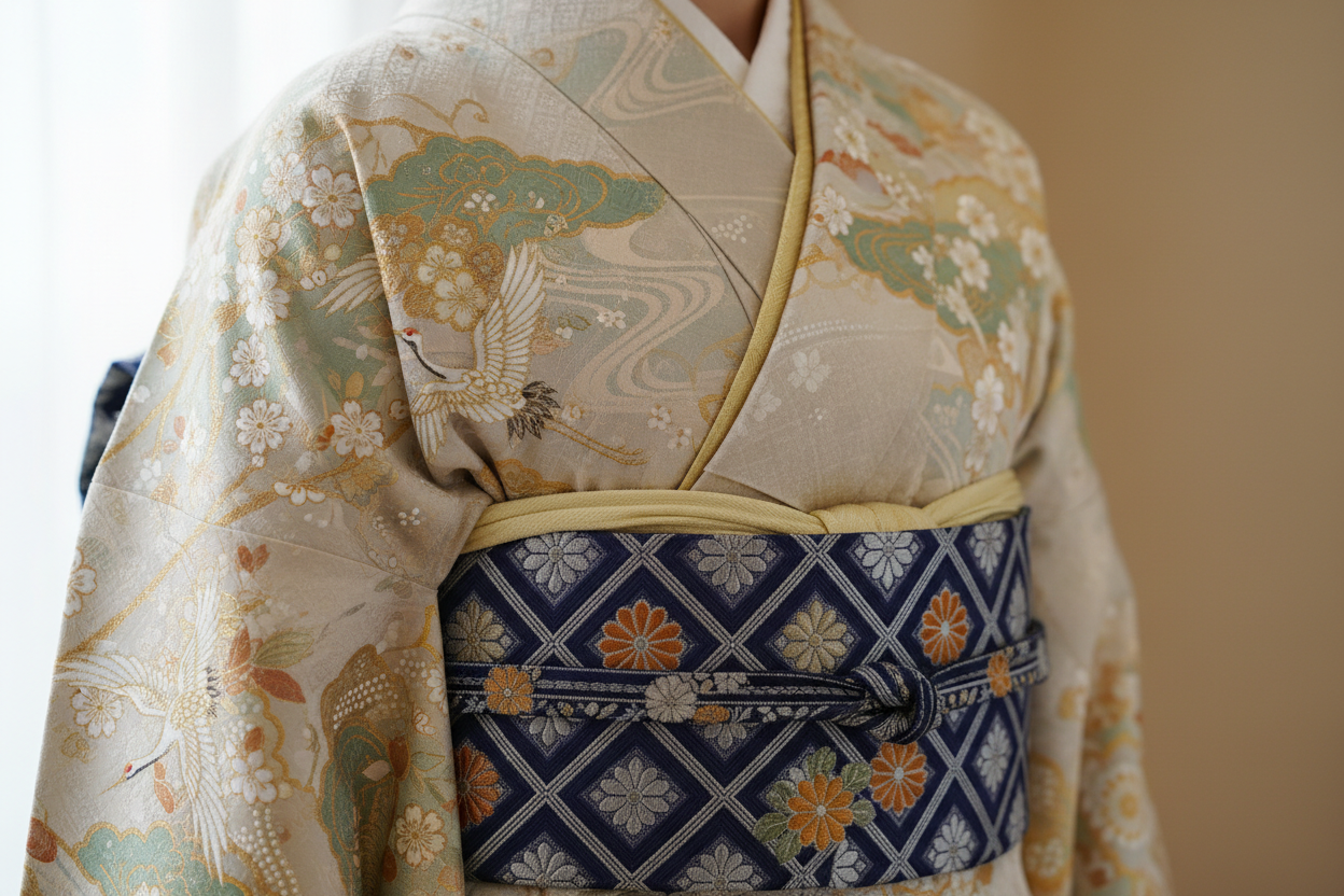 伝統的な帯の刺繍模様のクローズアップ