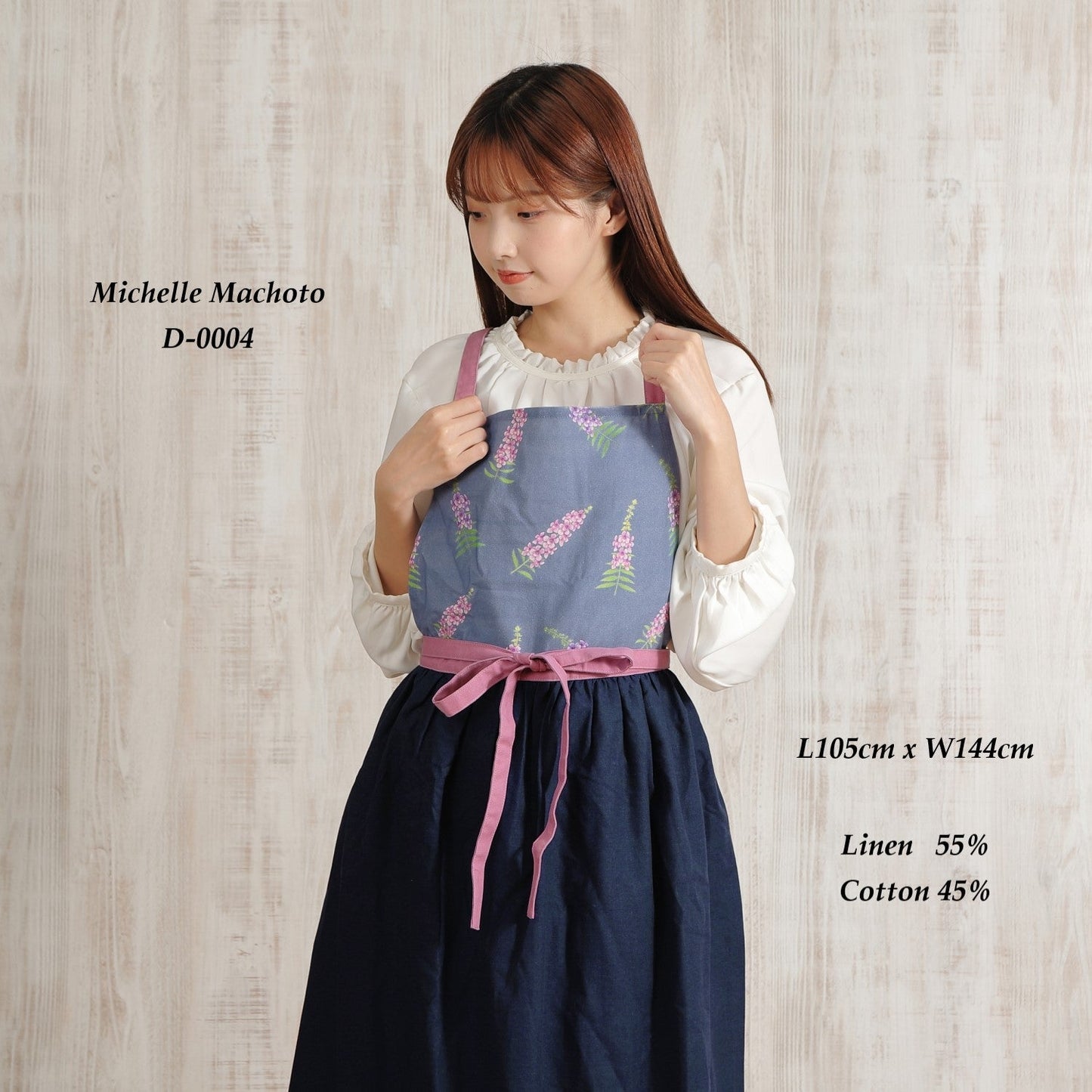 [Michelle Machoto]  ミッシェルマコット アンゲロニア柄 ロング ワイド ギャザー エプロン D-0004