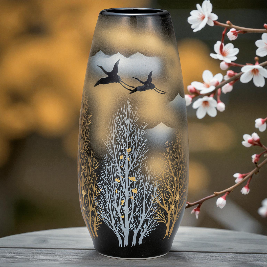 Kutani Ware Vase Twin Cranes Gold Leaf – 8.5" Japanese Porcelain Art Decor | Made in Japan