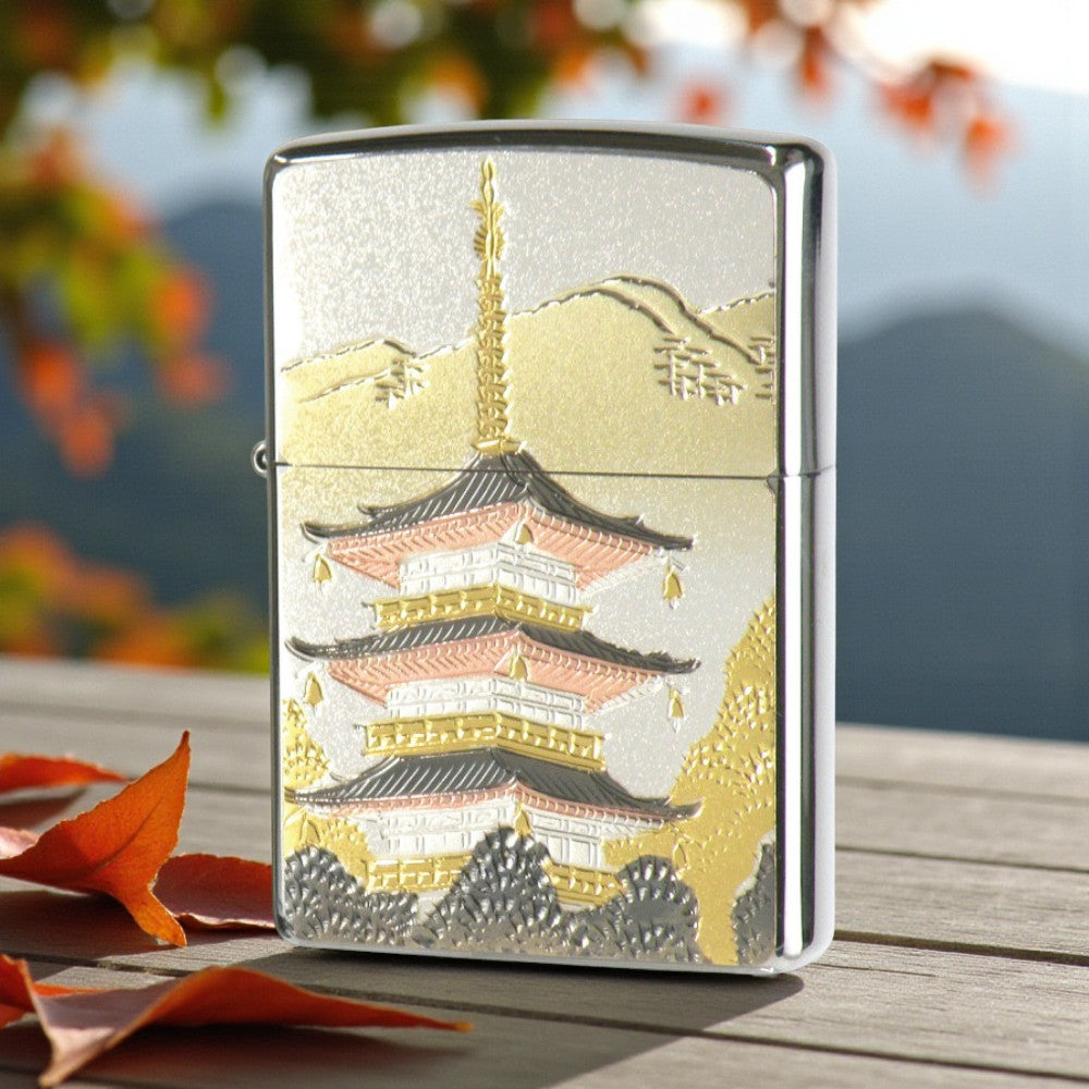 Three-Tier Pagoda ZIPPO Windproof Lighter – Japanese Temple Relief 三重塔和柄 ZIPPO 防風打火機｜日本古塔浮雕款