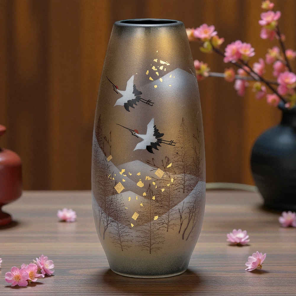 Kutani Ware Vase – Cranes in Winter Forest with Gold Leaf | 8.5" Japanese Porcelain Art Vase