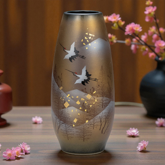 Kutani Ware Vase – Cranes in Winter Forest with Gold Leaf | 8.5" Japanese Porcelain Art Vase