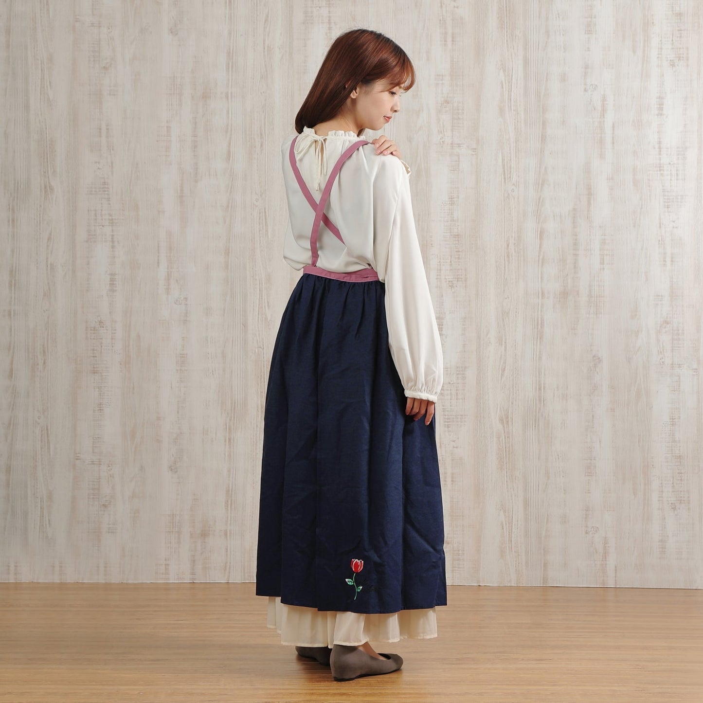 [Michelle Machoto]  ミッシェルマコット アンゲロニア柄 ロング ワイド ギャザー エプロン D-0004