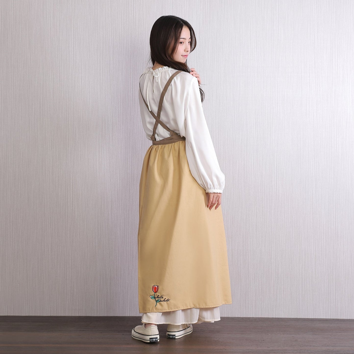 [Michelle Machoto]  ミッシェルマコット おくら柄 ロング ワイド ギャザー エプロン D-0013